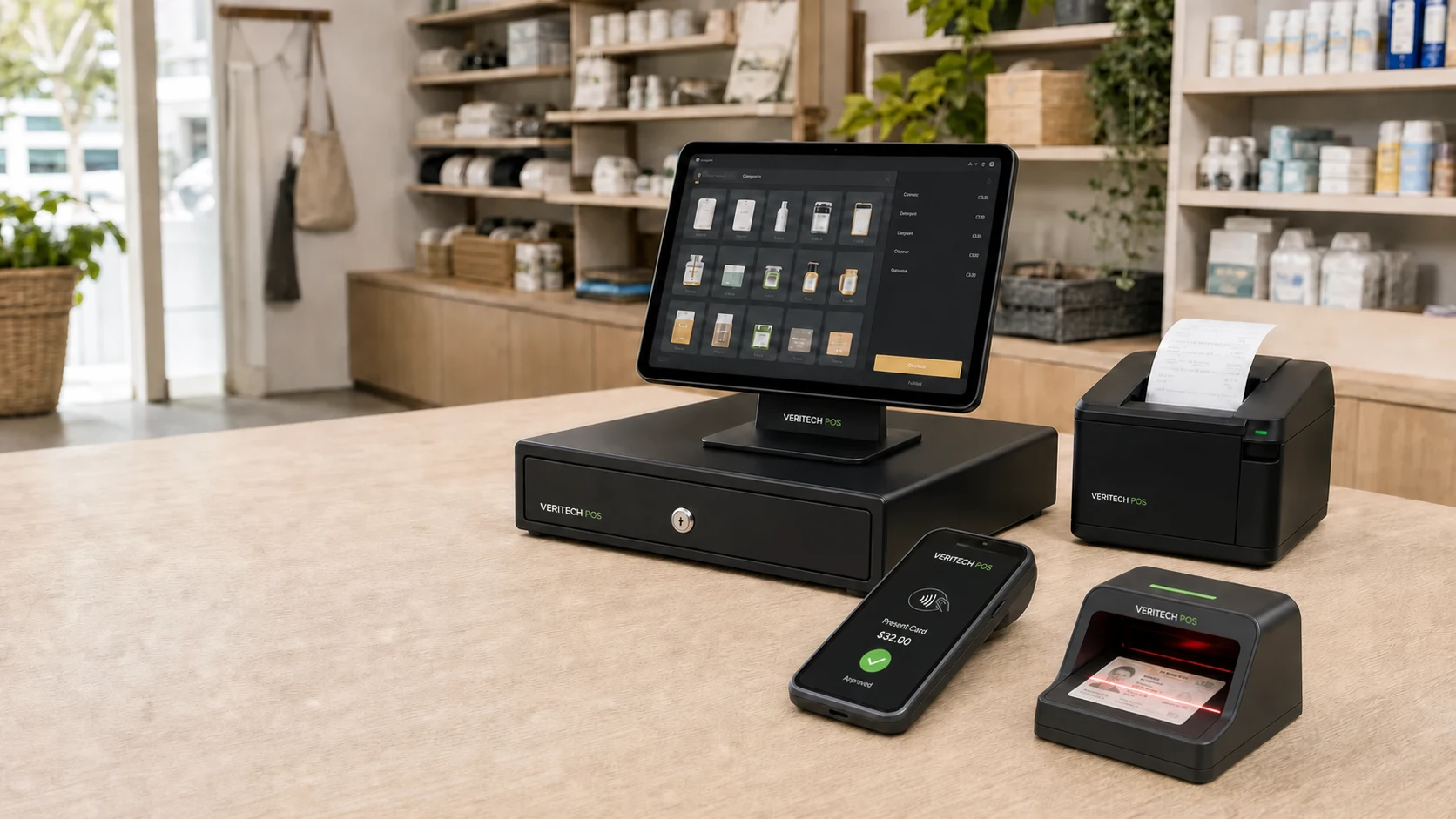 A VeriTech-branded independent-retail checkout with a tablet POS, cash drawer, receipt printer, illuminated touchscreen payment terminal, and laser ID scanner